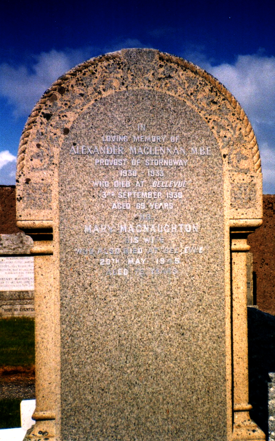 Photo of headstones/Alexander MacLennan d 1938 Provost of Stornoway hdstn Sandwick Cem